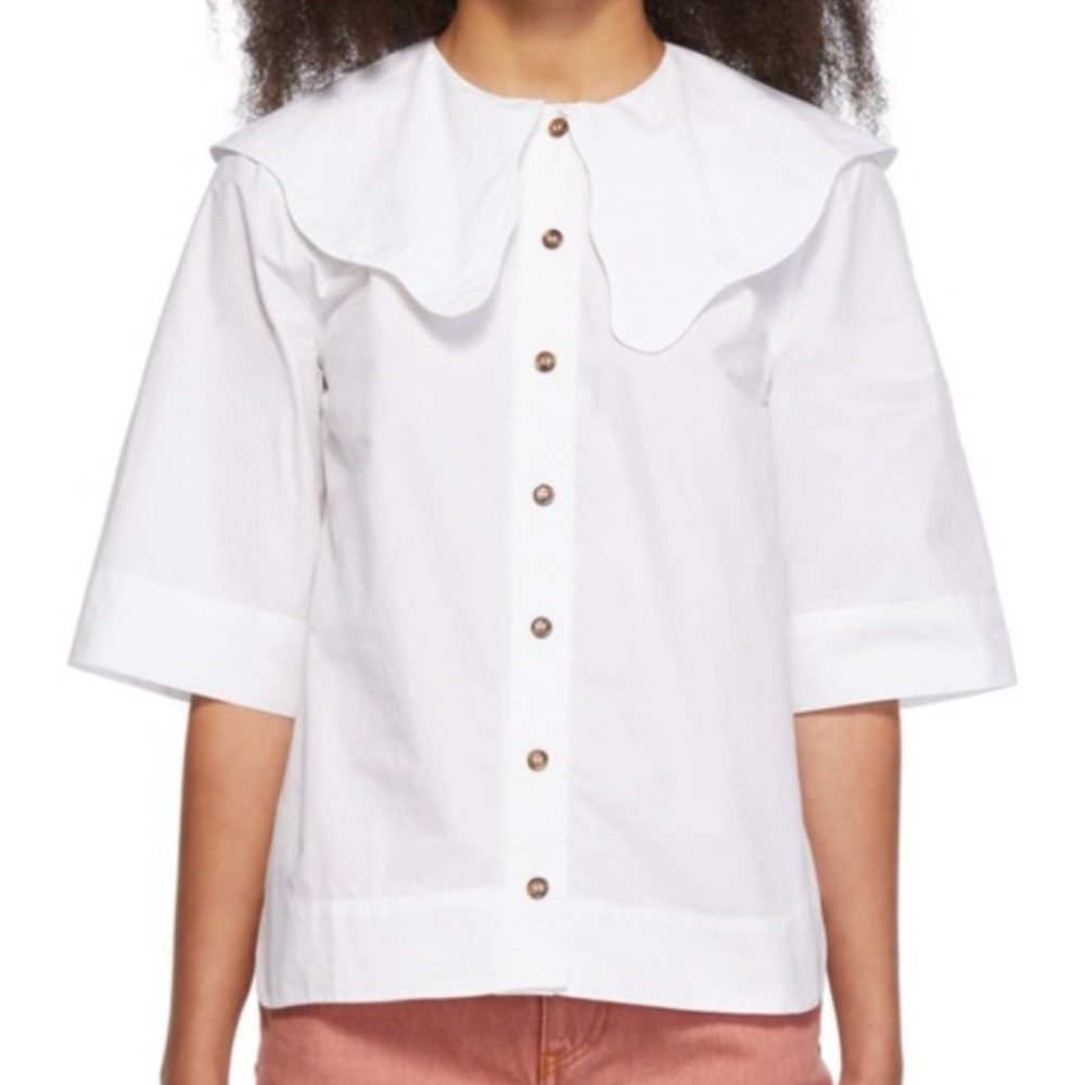 GANNI White Short Sleeve Cotton Poplin Collared Blouse, size 32/XS